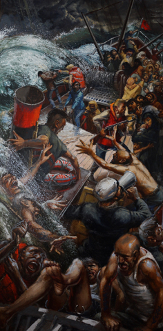 A painting showing migrants and traffickers on a boat crossing the sea to Lampadusa from Libya