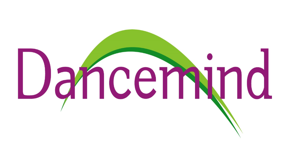 Logo stating words Dancemind in purple with green swoosh through the lettering.