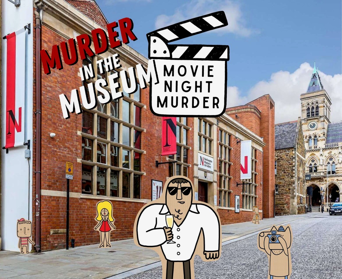 “Murder in the Museum” event promo at Northampton Museum, with cartoon figures and Guildhall backdrop.