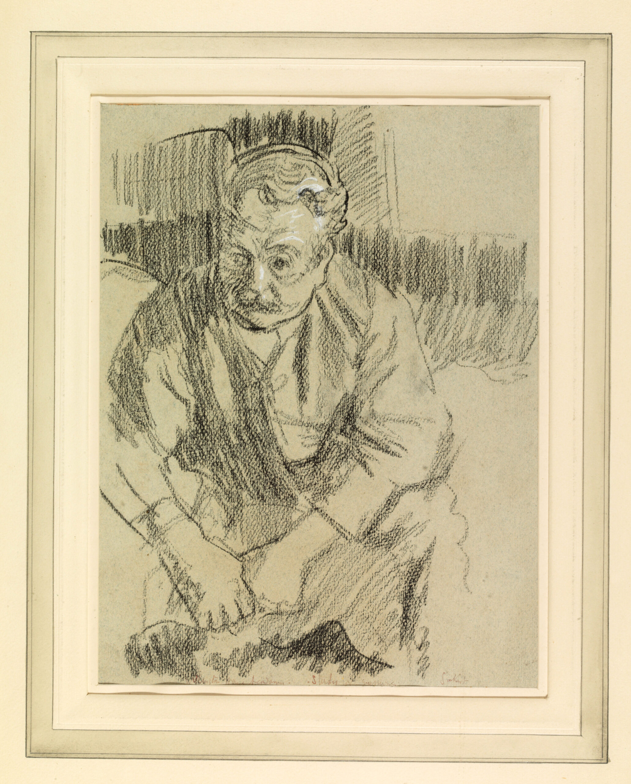 Charcoal sketch by Walter Sickert showing a seated figure with hands resting in the lap, drawn with loose, expressive shading against a darkened background.