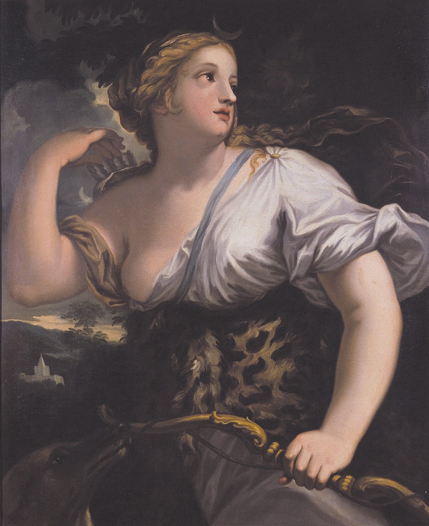 woman, oil painting, huntress, bow, arrow, Bellucci, Antonio, Diana, dog