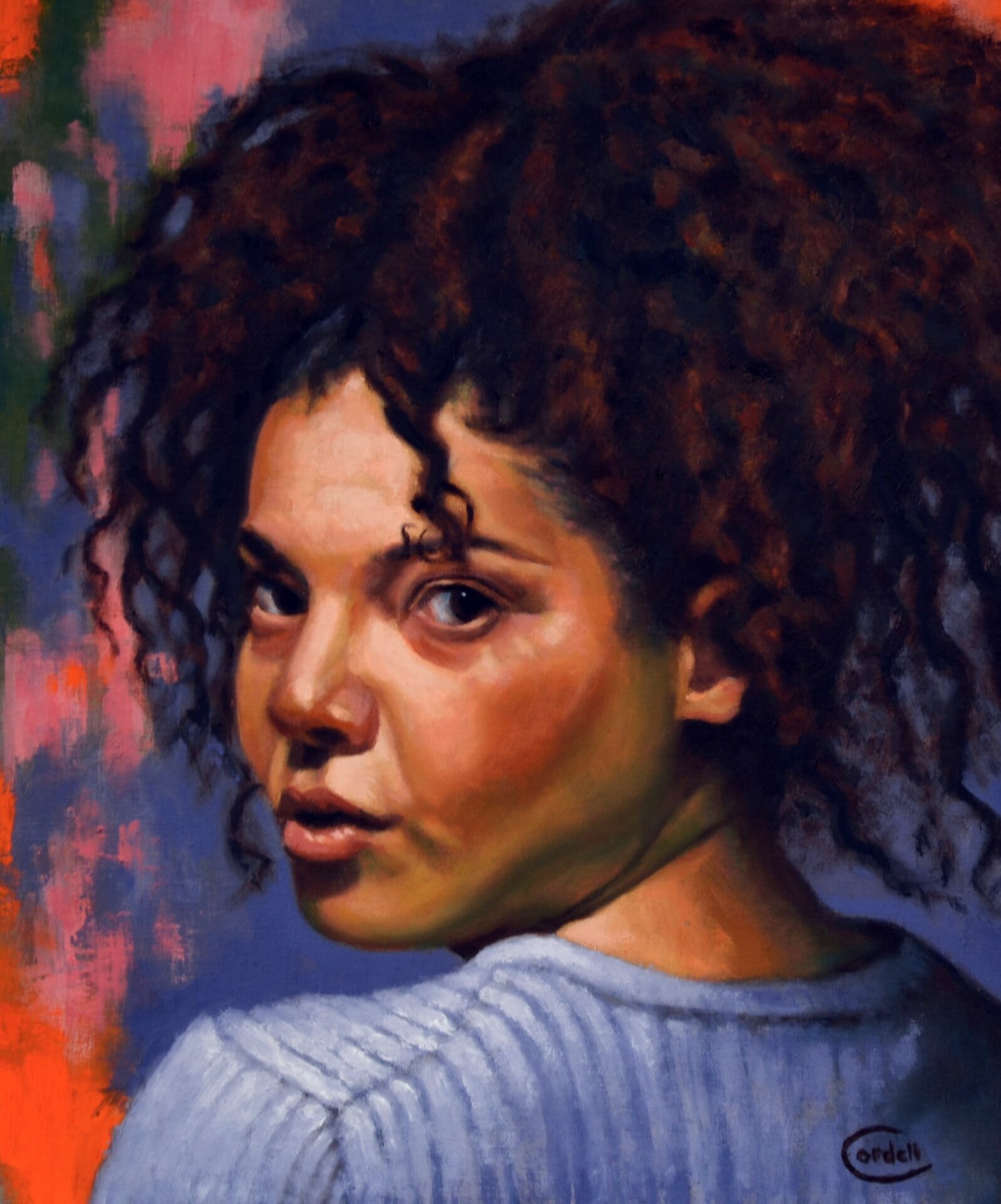 Painted portrait of a person with dark curly hair looking over their shoulder against a vivid blue and red background.