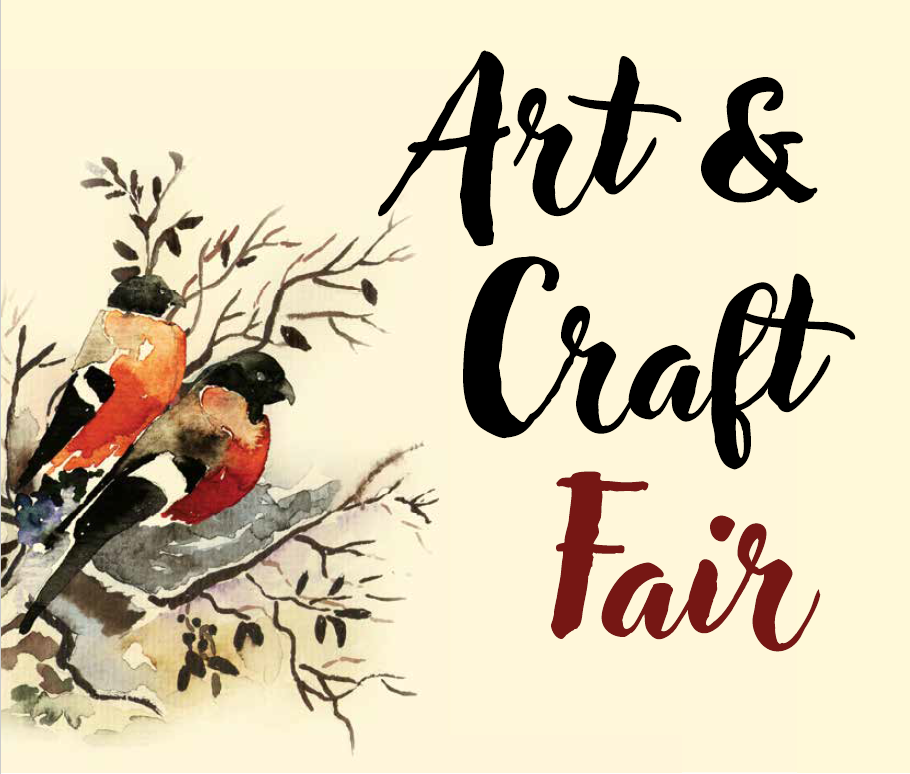 A watercolour-style illustration of two small birds with red and black markings perched on bare branches. To the right of the birds, large decorative text reads ‘Art & Craft Fair’ in black and dark red script on a light cream background.