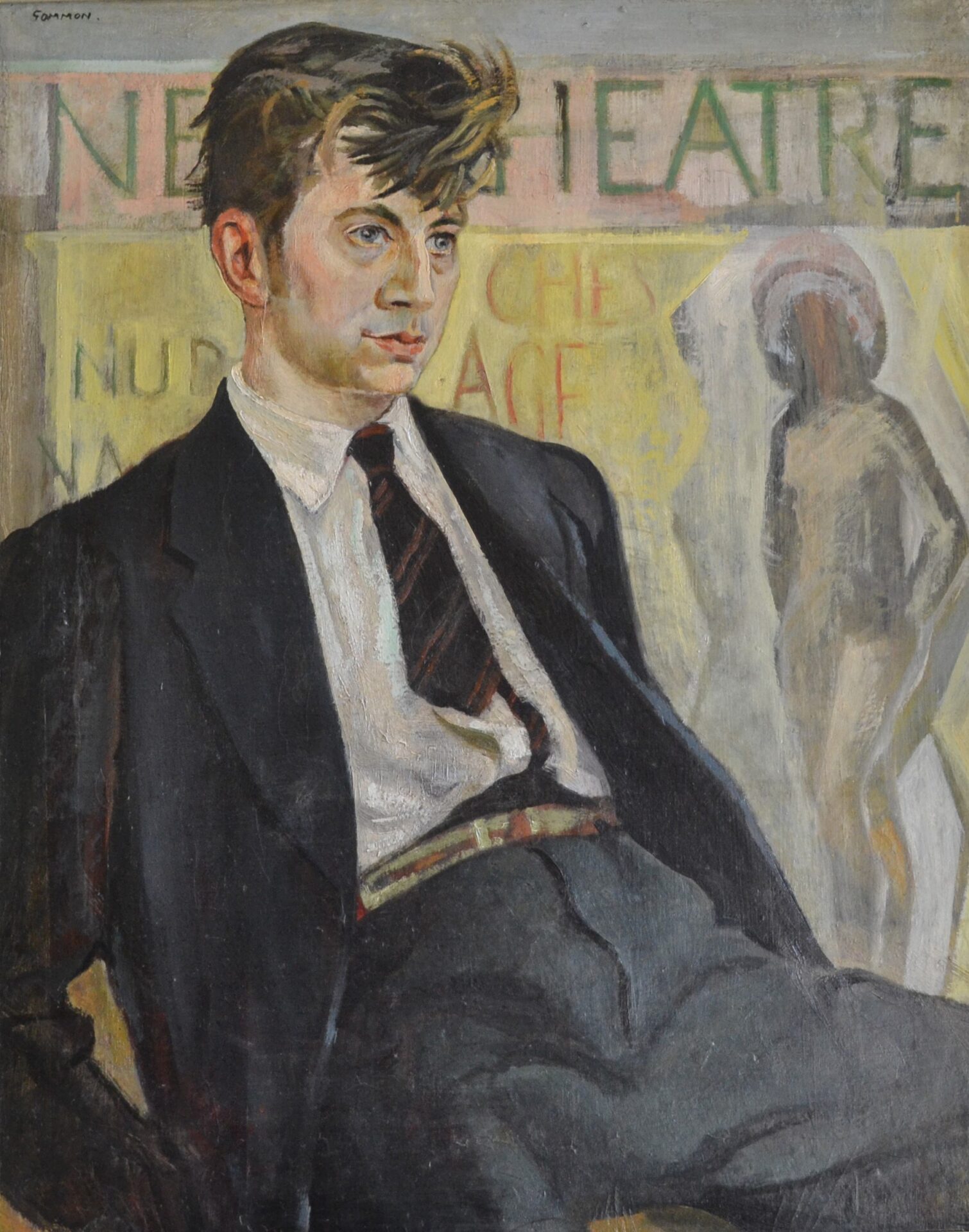 A young Ray Gosling in a dark suit, seated casually with swept Teddy Boy hair, set against a backdrop suggesting posters for the New Theatre Northampton.
