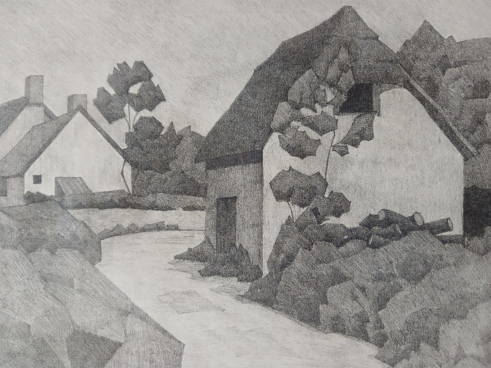 Ansell Black-and-white drawing of a quiet village lane lined with cottages, with leafy branches framing the foreground.