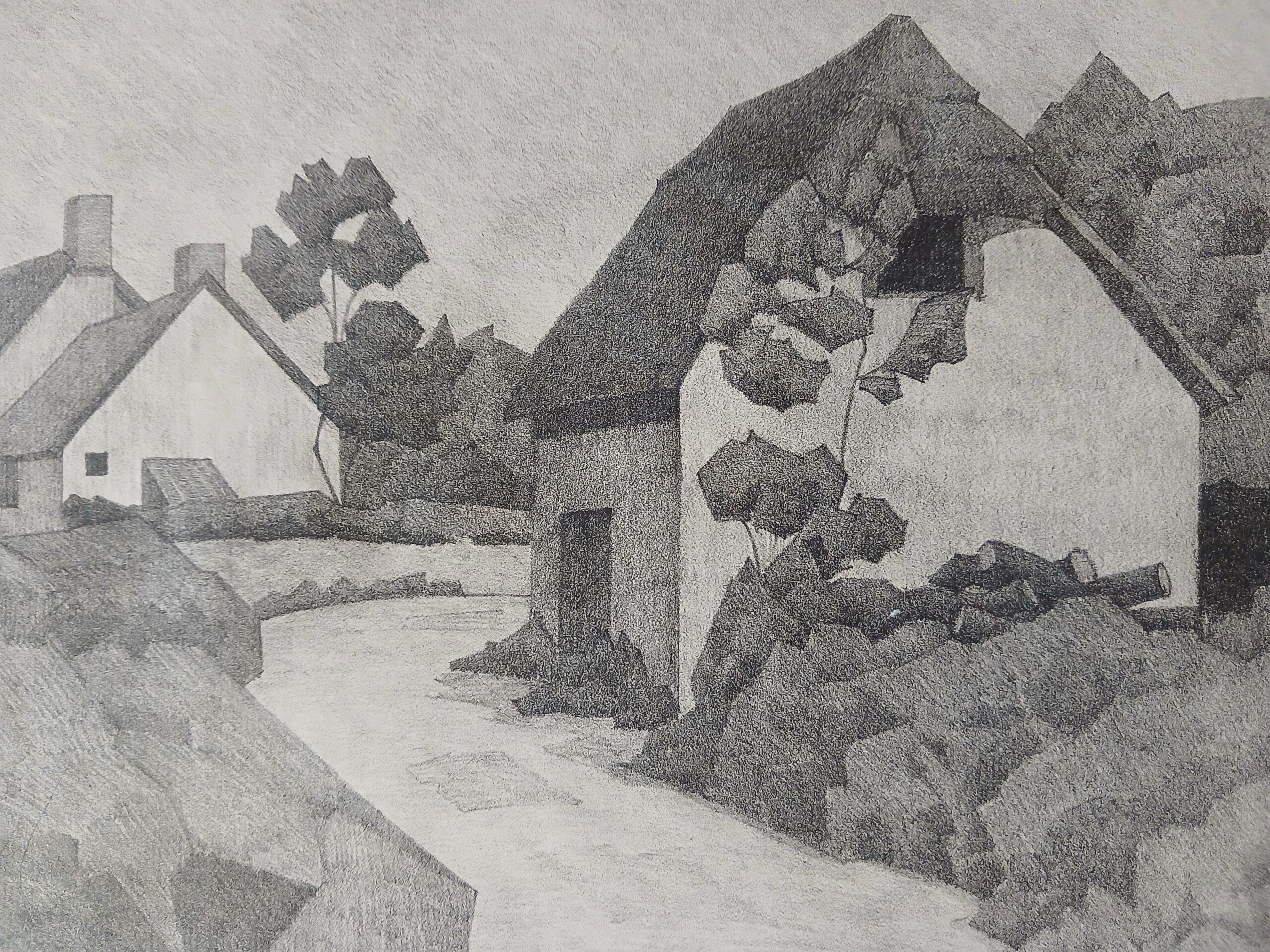 Ansell Black-and-white drawing of a quiet village lane lined with cottages, with leafy branches framing the foreground.
