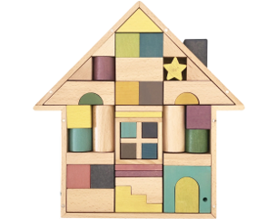 Building Wooden toy house made from colourful geometric building blocks.